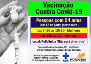 SAÚDE VACINA NESTA SEXTA (18) PESSOAS COM 54 ANOS SEM COMORBIDADES