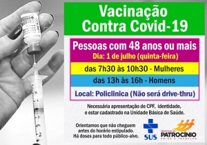 POPULAÇÃO DE 48 ANOS, SEM COMORBIDADES, SERÁ VACINADA NESTA QUINTA (01)