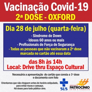 VACINAÇÃO: QUARTA (28) TEM 2ª DOSE DA OXFORD PARA PÚBLICO ESPECÍFICO; CONFIRA