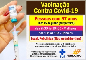 SAÚDE VACINA NESTA TERÇA (15) PESSOAS COM 57 ANOS SEM COMORBIDADES