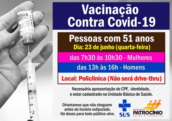 PÚBLICO ALVO COM 51 ANOS SEM COMORBIDADES SERÁ VACINADO NESTA QUARTA (23)