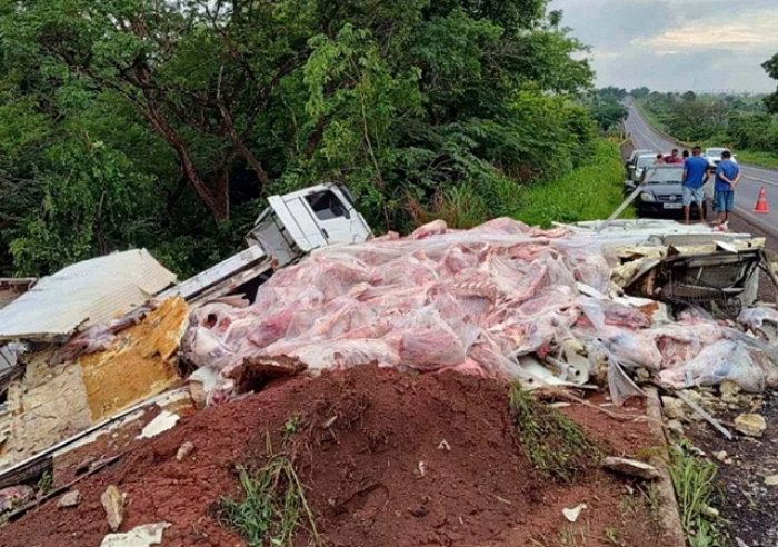 BANDIDOS PERSEGUEM CAMINHÃO CARREGADO DE CARNE, VEÍCULO TOMBA E PARTE DA CARNE É ROUBADA