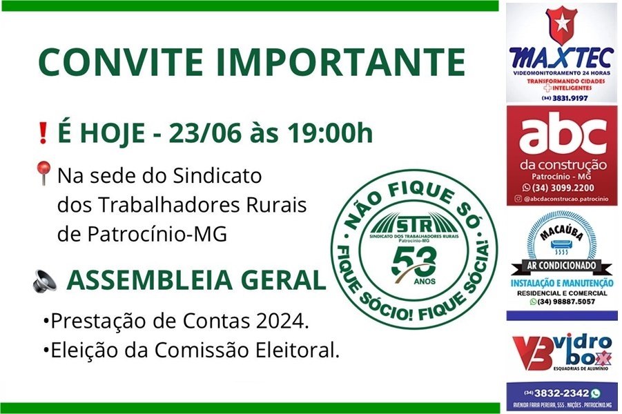 SINDICATO DOS TRABALHADORES RURAIS REALIZA ASSEMBLÉIA GERAL HOJE (23)