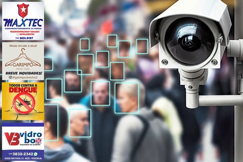 A surveillance camera in a busy street using facial recognition technology to monitor the population, generative AI illustration