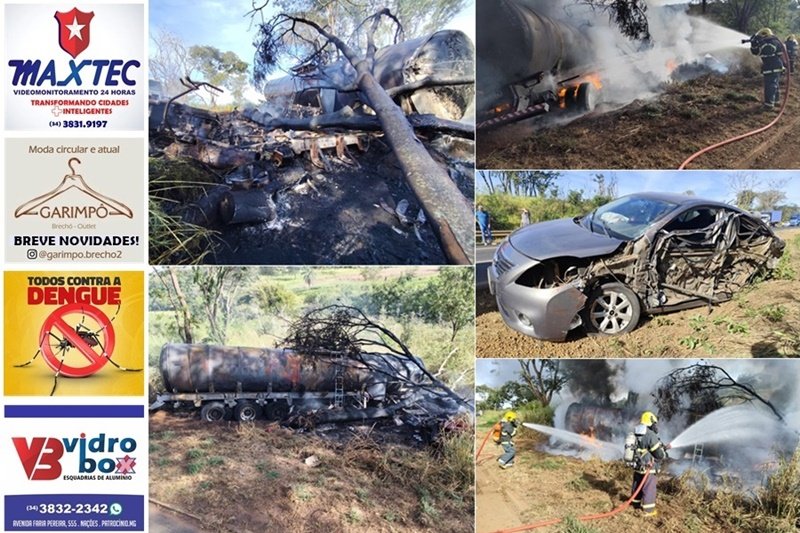 CARRETA CARREGADA COM ÓLEO VEGETAL PEGA FOGO APÓS COLISÃO NA BR-365; MOTORISTAS SAEM ILESOS