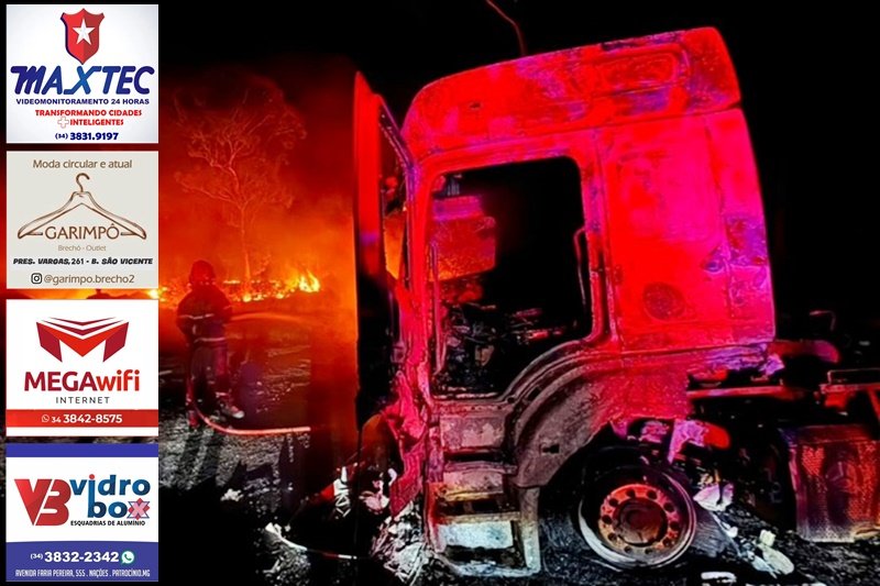 CARRETA PEGA FOGO NA BR-365 E CHAMAS ATINGEM ÁREA DE VEGETAÇÃO; NINGUÉM FICOU FERIDO