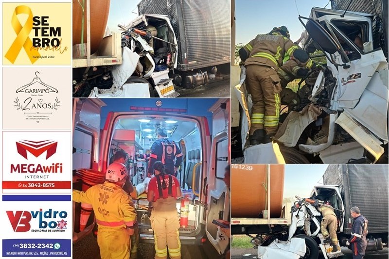 MOTORISTA FICA PRESO ÀS FERRAGENS APÓS COLISÃO ENTRE CAMINHÕES NA BR-365, PRÓXIMO A CELSO BUENO